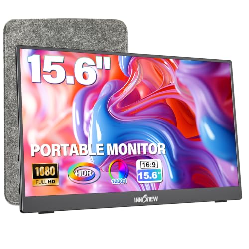 InnoView Portable Monitor 15.6″ 1080P for Laptop with Protective Sleeve, Built-in 90° Adjustable Stand USB C HDMI Ultra-Slim Portable Laptop Monitor for MacBook Phone PS Xbox Switch