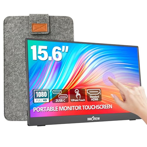 InnoView 15.6″ Portable Monitor 60Hz Touchscreen 1080P 10-Point Touch Screen Monitor Portable with Protective Sleeve Built-in Stand, 1200:1 HDMI USB C Travel Monitors for Laptop, PC, Phone