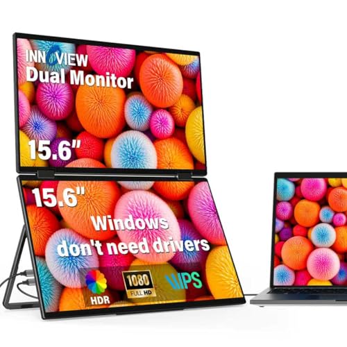InnoView Dual Portable Monitor 15.6″ 1920x1080 Dual Stacked Foldable Monitor 315° Screen Adjustment USB-C/HDMI Dual Screen Monitor for Laptop, Mac, Windows