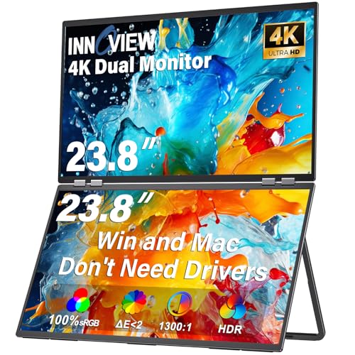 InnoView Dual Portable Monitor 23.8″ 3840x2160P 4K 100% sRGB 315°Adjustable Dual Stacked Foldable Monitor Built-in Speakers Screen Extender with HDMI/USB-C/DP for Laptop Windows Mac