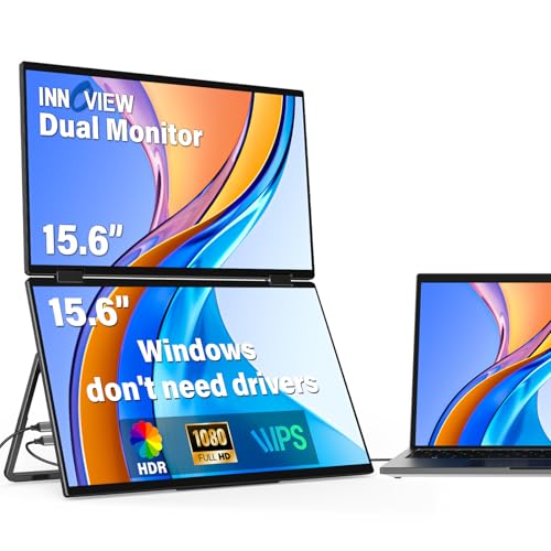 InnoView Portable Dual Monitor 15.6″ 1920x1080 Dual Stacked Foldable Monitor 315° Screen Adjustment USB-C/HDMI Second Monitor for Laptop, Mac, Windows