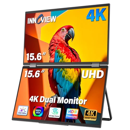 InnoView Portable Dual Monitor 15.6″ 3840x2160P 4K 100% sRGB Owl Eye Vision - Foldable Design with 315° Screen Adjustment, 180° Stand DP/USB-C/HDMI, Dual Screen Extender for Laptop, Mac, Windows