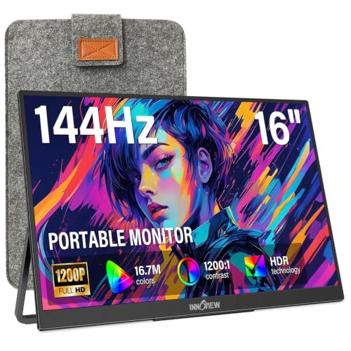 InnoView 16″ Portable Monitor 144Hz USB-C, 120Hz HDMI, Portable Gaming Monitor with Sleeve, Lightweight External Travel Monitor for Laptop, MacBook Surface PC Xbox PS4/5 (Not Includes Adapter)