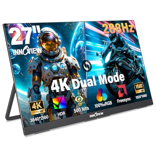 InnoView 27 Inch Monitor Dual Mode 4K UHD 120Hz/FHD 288Hz Larger Monitor, USB-C HDMI Computer Display HDR IPS Gaming Monitor, Kickstand, Speakers, for PC, MAC, Phone, PS4, Xbox, Switch